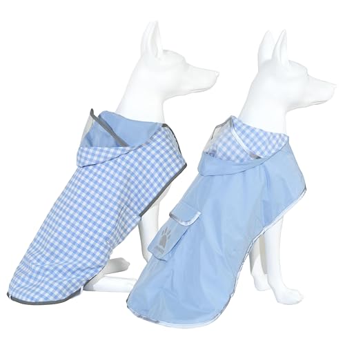 MAMORE Hunde-Regenmantel, wendbar, wasserdicht, mit Kapuze und reflektierendem Streifen, kariert, doppellagig, Regenjacke für kleine, mittelgroße und große Hunde (Hellblau, Größe M) von MAMORE