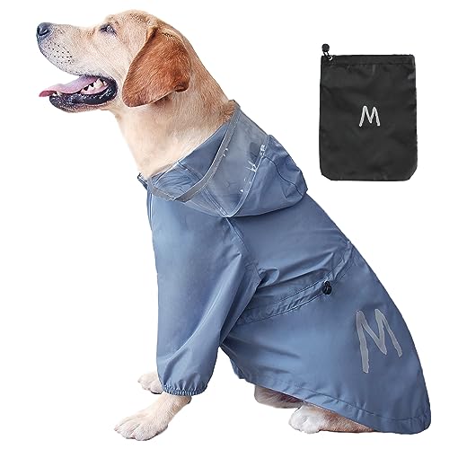 MMAMORE Hunde-Regenmantel, wasserdicht, mit Loch für die Leine, leicht, verstellbar, reflektierend, mit Kapuze für kleine und mittelgroße Hunde (groß, Blau und Grau) von MAMORE