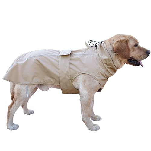 Verstellbarer wasserdichter Hunde-Regenmantel für Hunde, leichte Haustier-Regenjacke, Welpenbekleidung mit reflektierenden Streifen für kleine, mittelgroße und große Hunde (Khaki, klein) von MAMORE