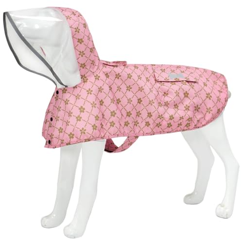Wasserdichter Hunde-Regenmantel, verstellbar, reflektierend, leicht, Haustier-Regenkleidung mit Poncho-Kapuze, goldfarben, fröhliche Blüten, Größe L von MAMORE
