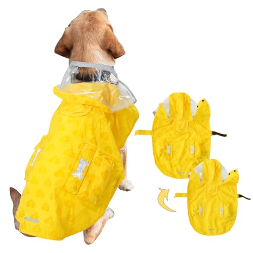 Wasserdichter Hunde-Regenmantel, verstellbar, reflektierend, leicht, mit Poncho-Kapuze, Gelb (wasseraktivierter Farbwechsel), Größe XXL von MAMORE