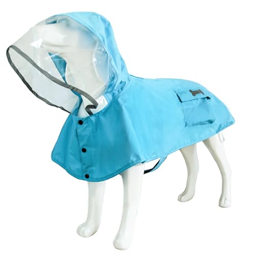 Wasserdichter Hunde-Regenmantel mit Poncho-Kapuzenpullover, hochreflektierend, verstellbar, gelbe Haustier-Regenjacke mit Loch für die Leine für kleine, mittelgroße und große Hunde (Blau, XL) von MAMORE