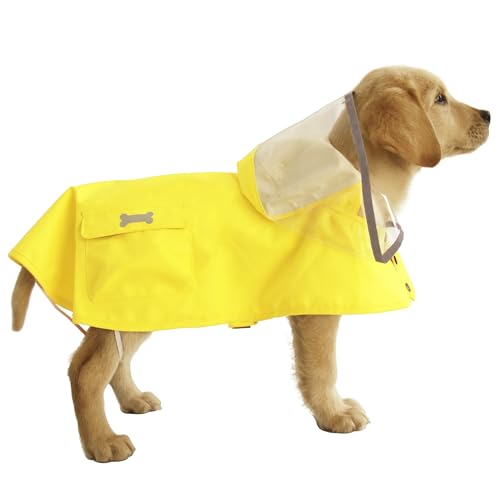Wasserdichter Hunde-Regenmantel mit Poncho-Kapuzenpullover, hochreflektierend, verstellbar, gelbe Haustier-Regenjacke mit Loch für die Leine für kleine, mittelgroße und große Hunde (Gelb, XXXL) von MAMORE
