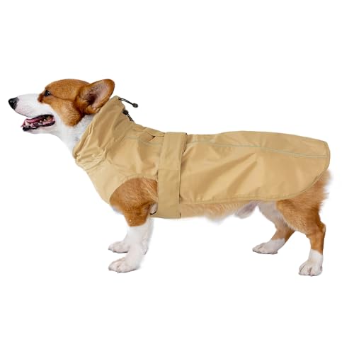Wasserdichter Hunde-Regenmantel mit reflektierenden Streifen, verstellbarer, atmungsaktiver Regenmantel mit Loch für die Leine für Hunde, Khaki, Größe L von MAMORE