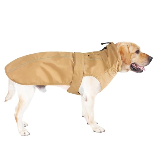 Wasserdichter Hunde-Regenmantel mit reflektierenden Streifen, verstellbarer, atmungsaktiver Regenmantel mit Loch für die Leine für Hunde (Khaki, XL) von MAMORE