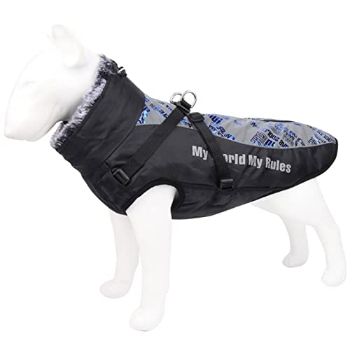 MANBOZIXi wasserdichte Hunde-Winterjacke mit Pelzkragen, Warm Jacke für Große Hunde, Hundemäntel mit Geschirr, Reflektierende Blau 4XL von MANBOZIXi