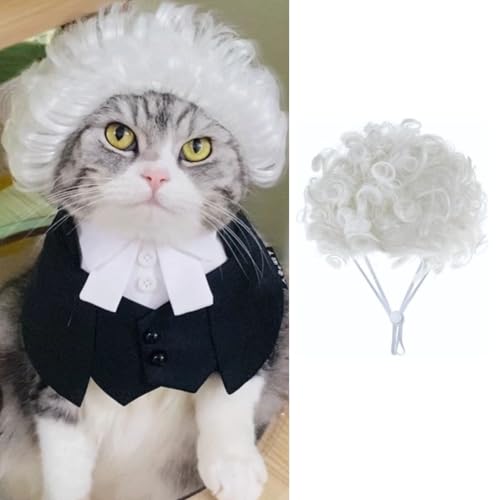 Katzenanwält-Kostüm-Zubehör – verstellbare Fliege und weiße Richterperücke für Katzen, kleine Hunde, Gerichtssaal, Cosplay für Ostern, Halloween-Partys (groß, Perücke) von MANON ROSA