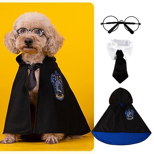 MANON ROSA Hund Halloween Kostüm - Zauberer Cosplay Kleid mit Hexenumhang Fliege Brille - Haustier Party Kleidung für Kleine Mittlere Große Hunde Welpen Katzen Blau Klein von MANON ROSA