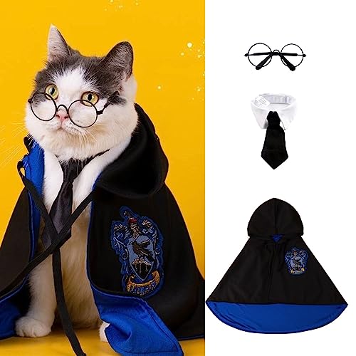 MANON ROSA Hund Halloween Kostüm - Zauberer Cosplay Kleid mit Hexenumhang Fliege Brille - Haustier Party Kleidung für Kleine Mittlere Große Hunde Welpen Katzen Blau Medium von MANON ROSA