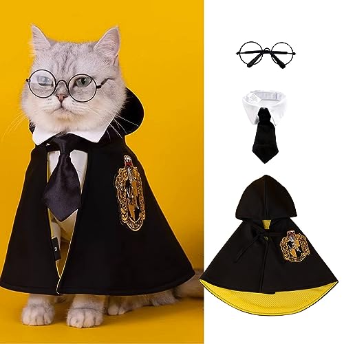 MANON ROSA Katze Halloween Kostüm - Hund Zauberer Cosplay Kleid mit Hexenumhang Fliege Brille - Haustier Party Kleidung für Kleine Mittlere Große Hunde Welpen Katzen Gelb Medium von MANON ROSA