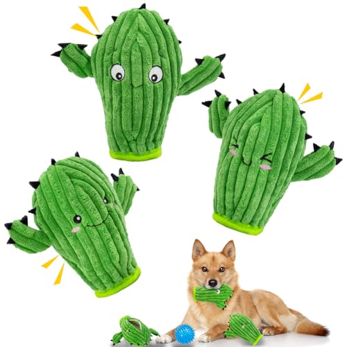 MAOOOOB Quietschendes Hundespielzeug ohne Füllung, 2-in-1, interaktives Plüsch-Hundespielzeug, Kaktusform, Spielzeug für Welpen, perfekt für drinnen und draußen, Training, Werfen und Spielen, 3 Stück von MAOOOOB