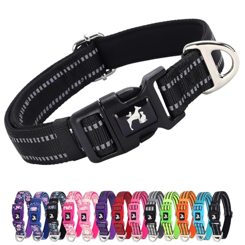 Reflektierendes Hundehalsband, weiches Neopren, gepolstert, atmungsaktives Nylon, langlebig und verstellbar, für mittelgroße und große Hunde, zum Spazierengehen, Laufen, Nachtsicherheit, Schwarz von MAOWUWUJOZ