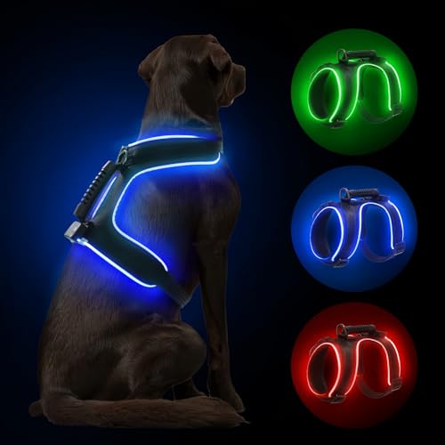 MASBRILL LED Hundegeschirr Leuchtend, Leuchtgeschirr für Hunde Aufladbar Verstellbar LED Leucht Brustgeschirr mit Griff für Klein Mittelgroße Grosse Hund Beleuchtetes Hundegeschirr(Schwarz Blau,XL) von MASBRILL