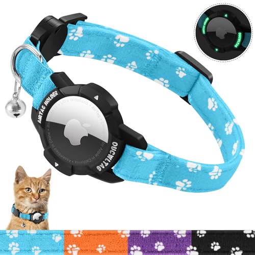 MASERFOLA Katzenhalsband Airtag mit leuchtendem Apple Air Tag Halter, Sicherheitsverschluss & Elastischer Gummiband, Katzenkratzmuster-Design, Verstellbar Halsband Katze (Blau, 20-30cm) von MASERFOLA