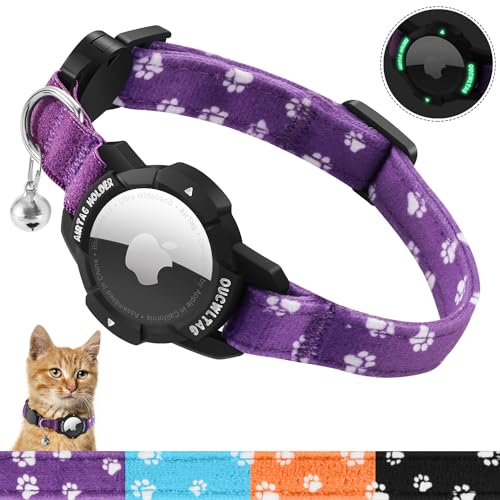 MASERFOLA Katzenhalsband Airtag mit leuchtendem Apple Air Tag Halter, Sicherheitsverschluss & Elastischer Gummiband, Katzenkratzmuster-Design, Verstellbar Halsband Katze (Lila, 20-30cm) von MASERFOLA