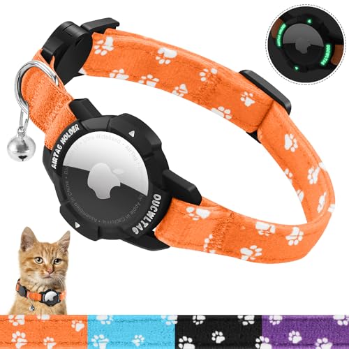 MASERFOLA Katzenhalsband Airtag mit leuchtendem Apple Air Tag Halter, Sicherheitsverschluss & Elastischer Gummiband, Katzenkratzmuster-Design, Verstellbar Halsband Katze (Orange, 20-30cm) von MASERFOLA