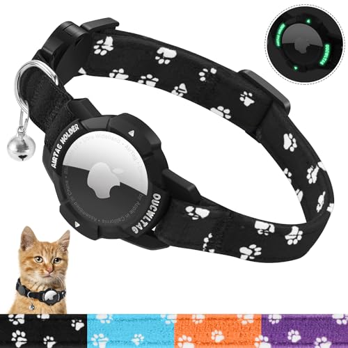 MASERFOLA Katzenhalsband Airtag mit leuchtendem Apple Air Tag Halter, Sicherheitsverschluss & Elastischer Gummiband, Katzenkratzmuster-Design, Verstellbar Halsband Katze (Schwarz, 20-30cm) von MASERFOLA