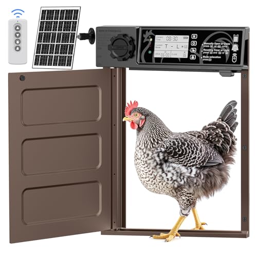 MASTERFUN Große Größe Automatische Hühnerklappe Solar, Aluminum Hühnerklappe Automatisch Seitliche Öffnung, Elektrische Hühnerklappe mit 7W Solarpanel, LED Display, Lichtsensor, Timer, Fernbedienung von MASTERFUN