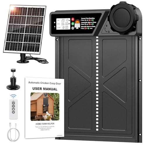 MASTERFUN Große Automatische Hühnerklappe Solar, Aluminum Hühnerklappe Automatisch mit Großes Display, Timer, Fernbedienung, Intelligenter Einklemmschutz Elektrische Hühnerklappe Hühnertür von MASTERFUN