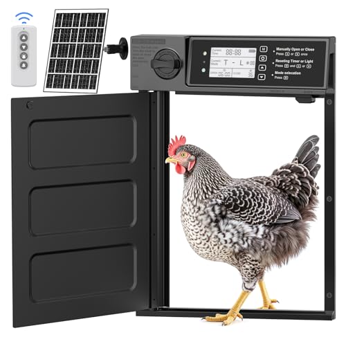 MASTERFUN Große Größe Automatische Hühnerklappe Solar, Aluminum Hühnerklappe Automatisch Seitliche Öffnung, Elektrische Hühnerklappe mit 7W Solarpanel, LED Display, Lichtsensor, Timer, Fernbedienung von MASTERFUN