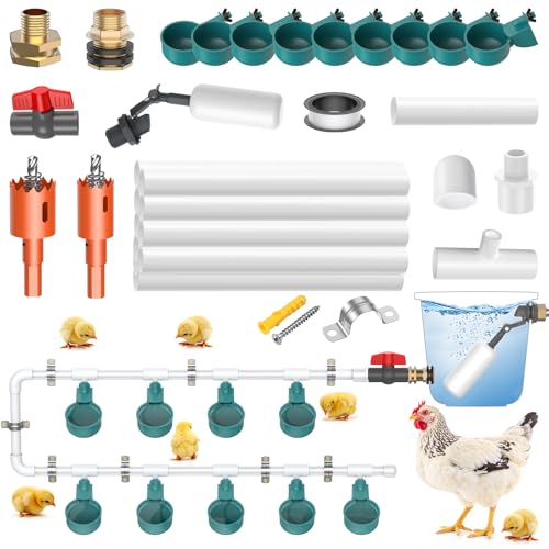 DIY Hühnertränke Tränke Hühner Set, Komplettset Automatische Geflügeltränke für Geflügel Mit mit 9 Pcs Trinkbecher, 10 Pcs Wasserleitung, Kugelhahn, Adapter aus Reinem Kupfer, Wasserdichtes Klebeband von MASTERFUN