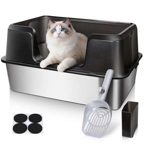 MASTERTOP Edelstahl Katzenklo,katzentoiletten XXL mit schwarzer Box & Katzenschaufel – Selbstreinigende, offene Katzentoilette für große Katzen (60x40x31,5 cm), Rostfrei & Langlebig von MASTERTOP