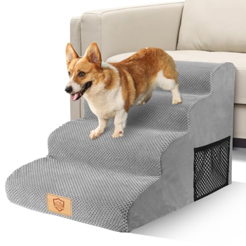 MASTERTOP Hundetreppe & Katzentreppe mit 4 Stufen - Hochdichte Hunderampe für Sofa, Bett & Couch | Abnehmbarer Waschbarer Plüschbezug | Für Große/Kleine Hunde & Katzen | Grau von MASTERTOP
