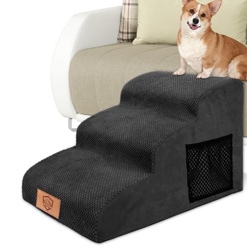 MASTERTOP Hundetreppe 3 Stufen, Hochdichter Schwamm Haustiertreppe Hundetreppe für kleine Hunde, rutschfest Tragbar Hunderampe Katzentreppe mit Waschbar Plüschbezug für Sofa Betten(Schwarz) von MASTERTOP