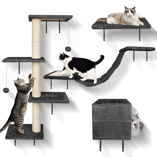 MASTERTOP Katzen Kletterwand, 4 in 1 Kletterwand Katzen Set, Groß Kratzbaum Kletterwands für Katzen bis 10 kg, Katzenmöbel Wandpark mit Katzenhaus, Hängebrücke, Sisal Kratzsäulen für den Innenbereich von MASTERTOP
