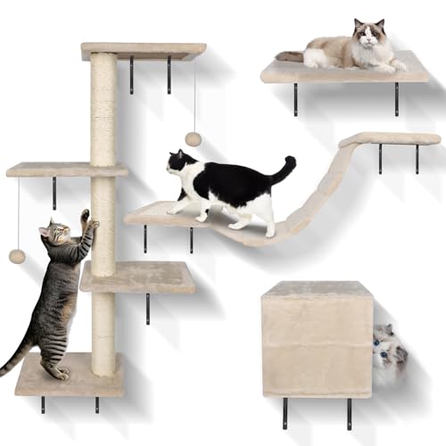 MASTERTOP Kletterwand Katzen Set, 10 -teiliges Groß Kratzbaum Kletterwand für Katzen, Katzenmöbel Wandpark mit Katzenhaus, Katzenbrücke, Sisal Kratzsäulen für den Innenbereich bis 10 kg von MASTERTOP