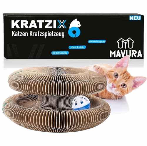 KRATZIX Katzen Kratzspielzeug Kratzpappe faltbares Katzenspielzeug, Kratzmatte Kratz Matte Pappe rund mit Ball & Katzenminze von MAVURA