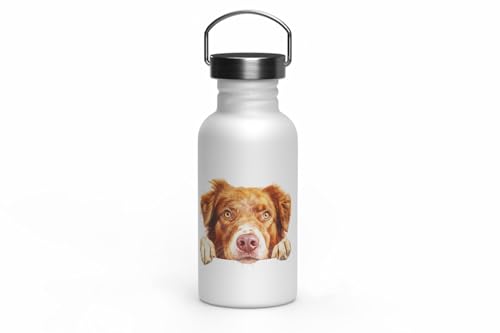 MAXIKIWI - Einwandige Edelstahl-Trinkflasche mit Schraubverschluss und Griff, nicht isoliert, leicht, BPA-frei, auslaufsicher – Peeking Dog Breed – 500 ml von MAXIKIWI