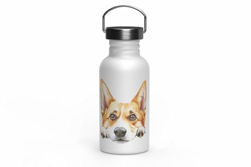 MAXIKIWI - Einwandige Edelstahl-Trinkflasche mit Schraubverschluss und Griff, nicht isoliert, leicht, BPA-frei, auslaufsicher – Peeking Dog Breed – 500 ml von MAXIKIWI