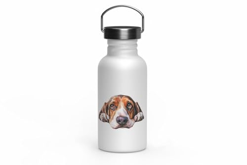 MAXIKIWI - Einwandige Edelstahl-Trinkflasche mit Schraubverschluss und Griff, nicht isoliert, leicht, BPA-frei, auslaufsicher – Peeking Dog Breed – 500 ml von MAXIKIWI