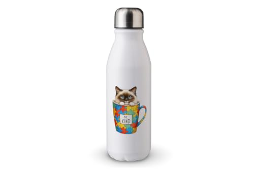 MAXIKIWI - Einwandige Wasserflasche mit Schraubverschluss, nicht isoliert, leichtes Aluminium, BPA-frei, auslaufsicher, Cat Be Kind Autismus-Bewusstsein - 500 ml von MAXIKIWI