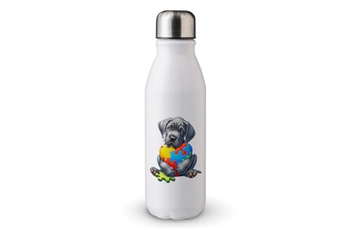 MAXIKIWI - Einwandige Wasserflasche mit Schraubverschluss, nicht isoliert, leichtes Aluminium, BPA-frei, auslaufsicher, Hund mit Autismus-Puzzle-Herz, 500 ml von MAXIKIWI