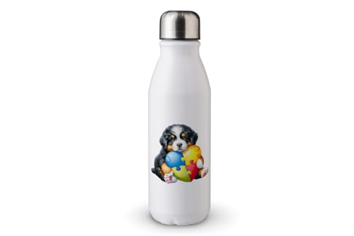 MAXIKIWI - Einwandige Wasserflasche mit Schraubverschluss, nicht isoliert, leichtes Aluminium, BPA-frei, auslaufsicher, Hund mit Autismus-Puzzle-Herz, 500 ml von MAXIKIWI
