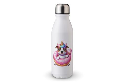 MAXIKIWI - Einwandige Wasserflasche mit Schraubverschluss, nicht isoliert, leichtes Aluminium, BPA-frei, auslaufsicher, Hunde-Einhorn und Donut, 500 ml von MAXIKIWI