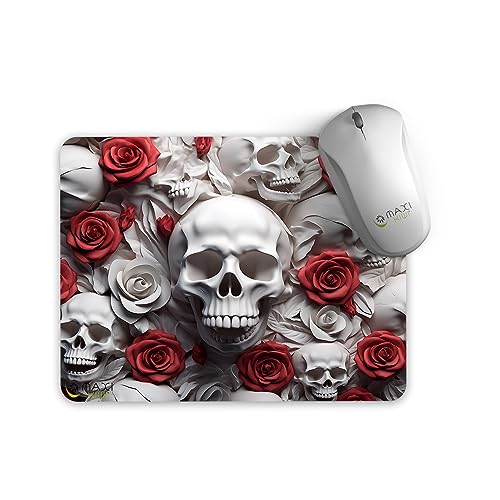 MAXIKIWI - Mauspad, rutschfeste Gummiunterseite, ultraglattes, langlebiges Material, modernes Design, lebendige Farben, wasserdicht – 3D-Halloween-Totenkopf und Rose – 22 x 18 cm von MAXIKIWI