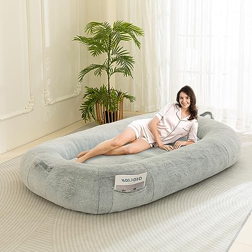 MAXYOYO Sitzsackbett für menschliche Hunde, 172 x 98 x 30 cm, riesiges Hundebett für Menschen, passend für Sie und Haustiere, Abnehmbarer, Flauschiger Kunstfellbezug (grau) von MAXYOYO