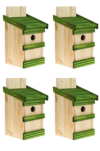 4 x Nistkasten Natur für Blaumeisen & kleine Meisenarten, solide gemacht aus Holz Vogelhaus für Meisen, Nisthilfe mit 32 mm Einflugloch Vogelhaus Meisenkasten Nisthöhle (Natürlich + grün) von MAZUR International
