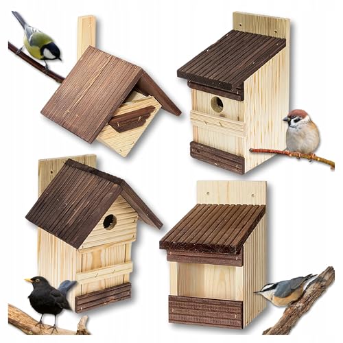 MAZUR 4X Vogelfutterhaus aus Holz Mix | Nistkasten | Vogelfutterspender | Vogelfutterstation | Vogelhaus | Vogelhäuschen | Wetterfest | Kleinvögel, Gartenvögel, Singvögel, Wildvögel von MAZUR