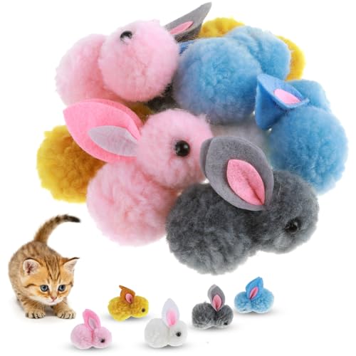 MBAIYO Katzenspielzeugbälle, niedliche Hasenform, weiche Bommel, 5,5 cm, bunt, Katzenbälle, Spielzeug für Haustiere, Indoor-Katzenspiel-Training, 10 Stück von MBAIYO