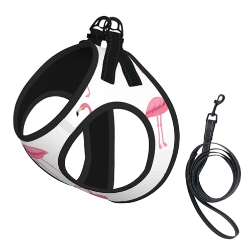 Geschirr-Set mit Flamingos auf weißem Druck, für Katzen und Hunde, reflektierend, verstellbar, weich, atmungsaktiv, Netzweste mit ausbruchsicherer Leine, für kleine Haustiere und Kätzchen, Welpen von MBCbjg