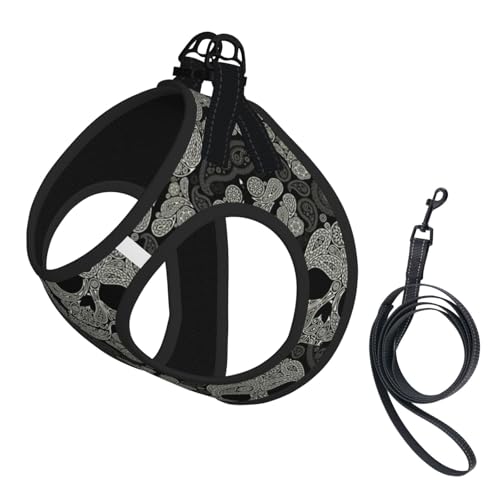 Hundegeschirr mit Totenkopf-Druck, reflektierend, verstellbar, weich, atmungsaktiv, Netzweste mit ausbruchsicherer Leine, für kleine Haustiere und Kätzchen, Welpen von MBCbjg