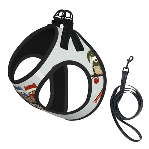 Hundegeschirr mit niedlichem Weihnachts-Eulen auf Ast, bedruckt, für Katzen und Hunde, reflektierend, verstellbar, weich, atmungsaktiv, Netzweste mit ausbruchsicherer Leine, für kleine Haustiere und von MBCbjg