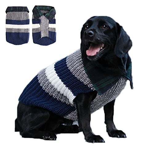 Hundepullover Gingham-Patchwork-Sweatshirt für Welpen, Katzen, Strickkleidung, Hemd, klassischer Strickwaren-Pullover, Marineblau, Größe L von MBKET
