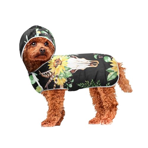 MCHIVER Hunde-Badetuch mit Kapuze, Motiv: Sonnenblumen, Blätter, Totenkopf, Hörner, schnell trocknend, verstellbar, für große, mittelgroße und kleine Hunde, 60 x 65 cm MCHIVER Hunde-Badetuch mit Kapuze, Motiv: Sonnenblumen, Blätter, Totenkopf, Hörner, schnell trocknend, verstellbar, für große, mittelgroße und kleine Hunde, 60 x 65 cm von MCHIVER