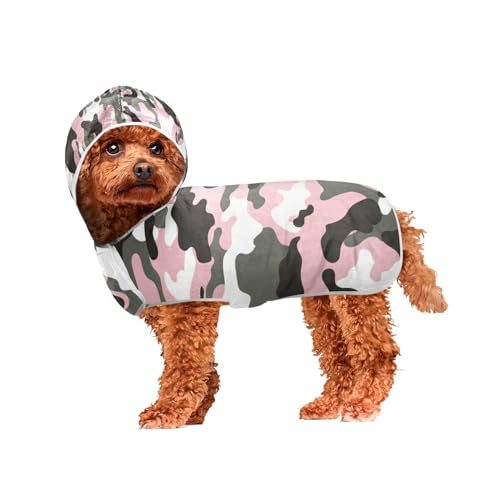 MCHIVER Pink-grünes Camouflage-Hunde-Badetuch mit Kapuze, schnell trocknend, Haustier-Bademäntel, verstellbare Hunde-Trocknungsmäntel, Handtücher für große, mittelgroße und kleine Hunde, 60 x 65 cm von MCHIVER