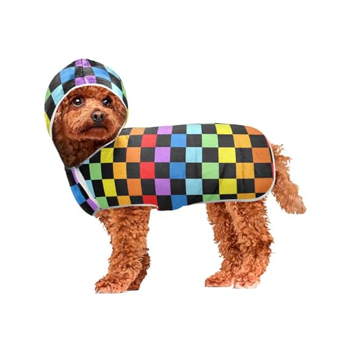 MCHIVER Rainbow Chequerboard Dog Bath Towel Robe with Hood Quick Dry Pet Bathrobes Adjustable Dog Drying Coats Towels Wraps for Small Medium Large Dogs 50 * 60 cm von MCHIVER